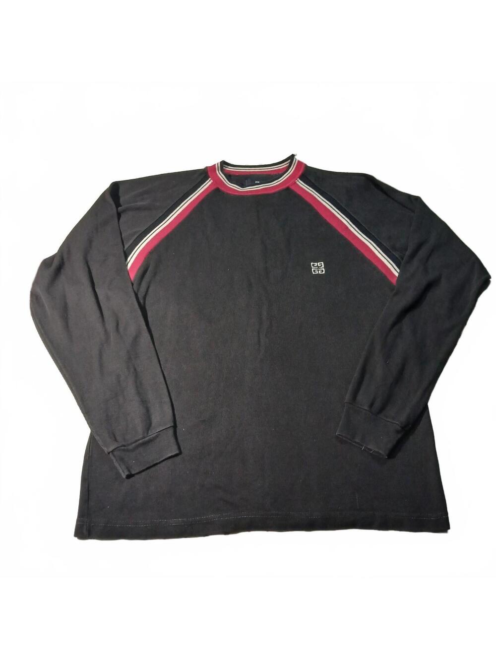 Vintage Givenchy Activewear Black Ribbed Sweater Red Stripe Logo Y2K Mens Medium